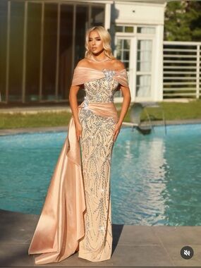 NWOT- Elegant Off-Shoulder Blush Evening Gown
